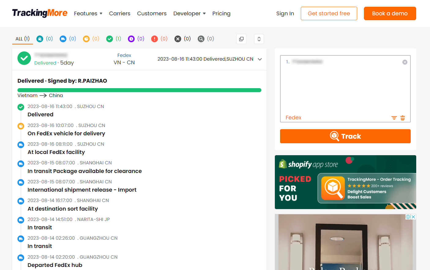 TrackingMore FedEx tracking status