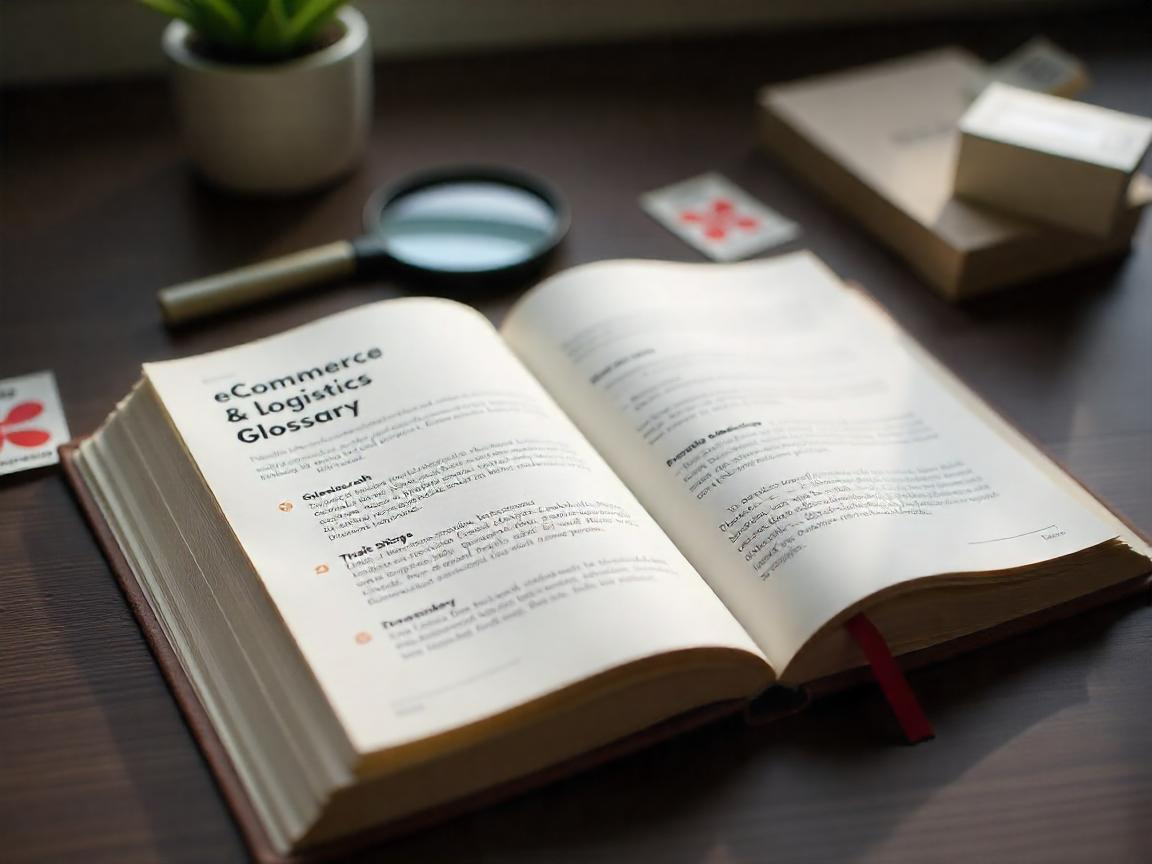 An open book displaying "eCommerce & Logistics Glossary" on a dark desk with a magnifying glass, small plant, and shipping boxes nearby.